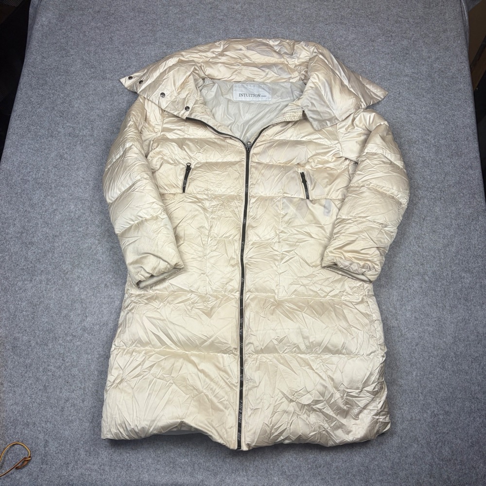 Intuition Paris Womens Quilted Puffer Coat Champagne Cream Long Full Zip Jacket